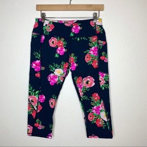 Senita Athletics Black Pink Floral Capri Leggings Active Workout Bottoms